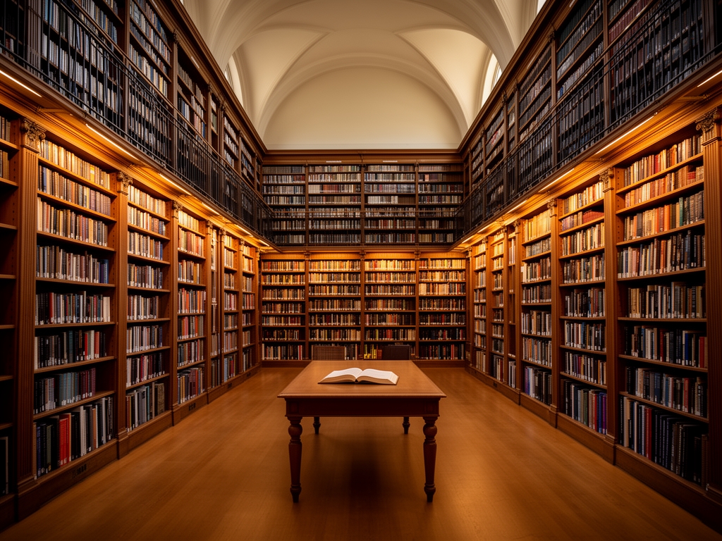 Large open library interior with tall shelves filled with books, warm ambient light and a single reading table at the centre, evoking institutional knowledge, depth of scholarship and quiet contemplation