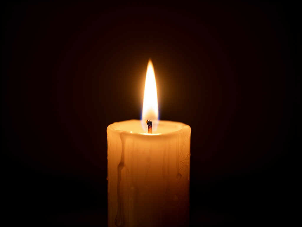 Close-up of a single lit candle against a deep dark background with warm directional light highlighting subtle textures, symbolising clarity emerging from complexity