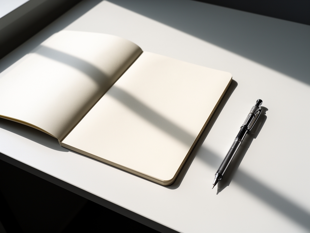 Overhead view of a clean minimal desk with an open notebook, a mechanical pencil, and geometric shadows from a window creating a structured, focused environment