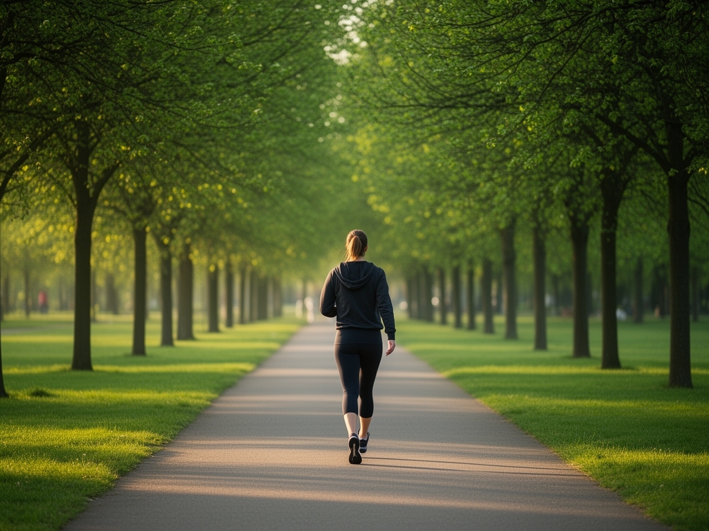 Person walking through a wide green park path in soft afternoon light, trees lining the pathway creating a tunnel of natural calm, representing deliberate movement as a structured daily practice