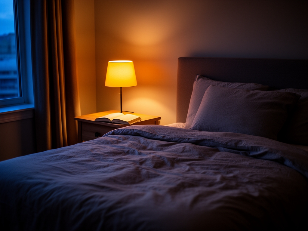 Dimly lit bedroom at dusk with a single lamp casting warm amber light, tidy linen bedding, and a book on the nightstand, evoking intentional preparation for rest