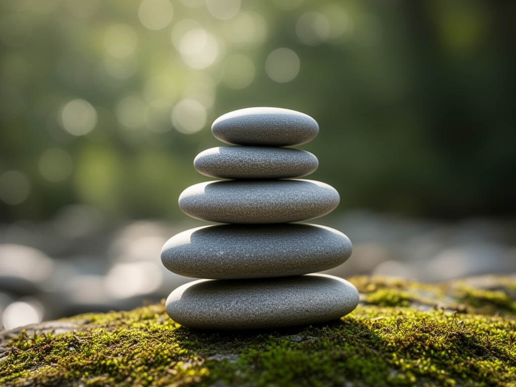 Smooth stacked river stones in perfect balance on a mossy surface with soft bokeh background, symbolising equilibrium and intentional structure