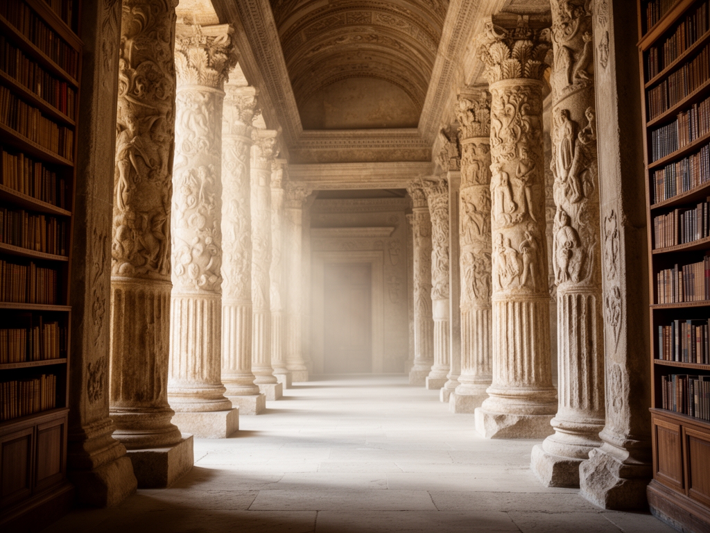Ancient stone library corridor with tall carved columns and soft filtered light, evoking classical scholarship and accumulated knowledge