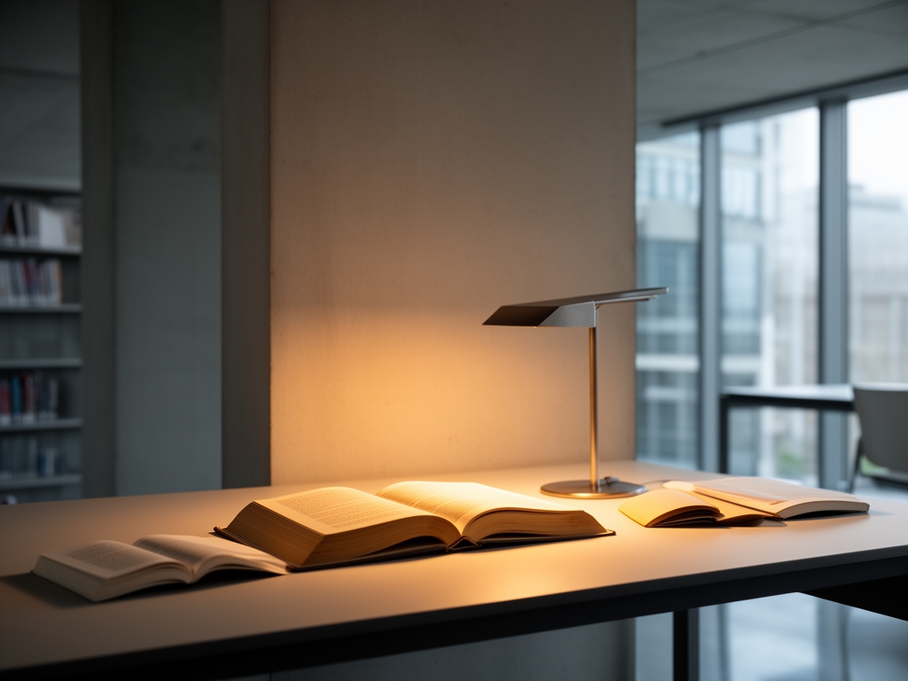 Contemporary reading room with clean architectural lines, warm desk lamp illuminating open books on a minimal workspace, representing modern structured inquiry